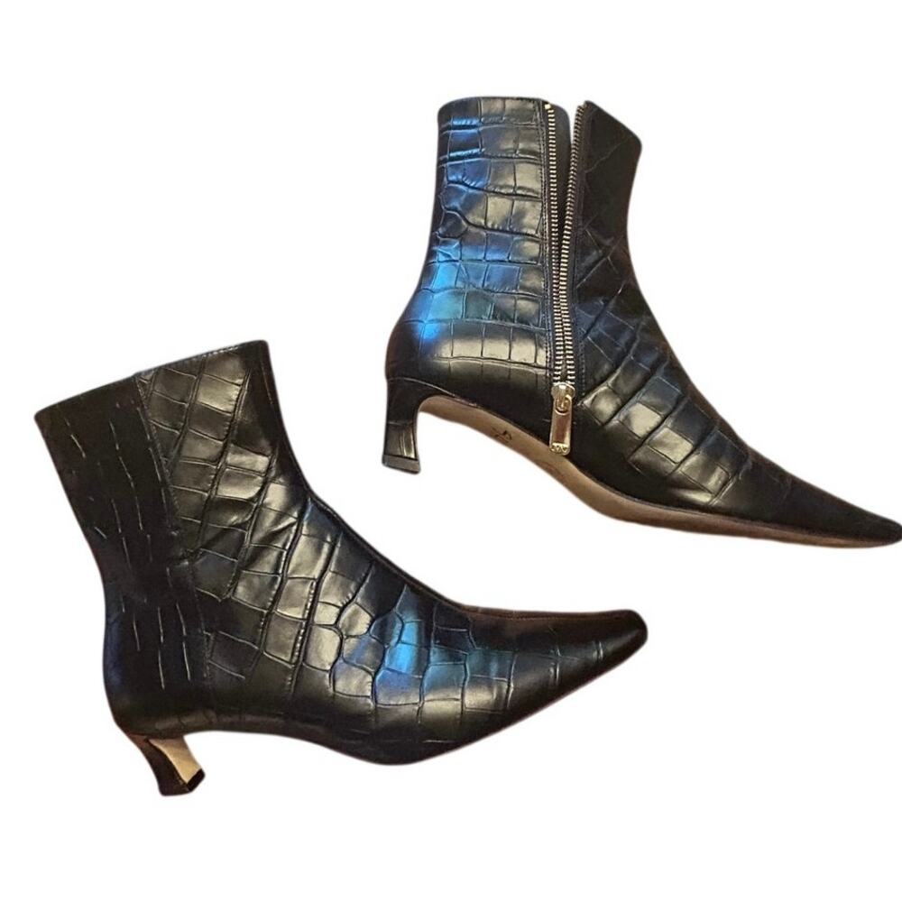 MICHAEL Michael Kors Cosmo Black Croc-Embossed Leather Kitten Heel Booties 7.5M